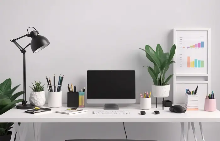 Stylish Workspace with Computer Creative 3D Design Art Illustration